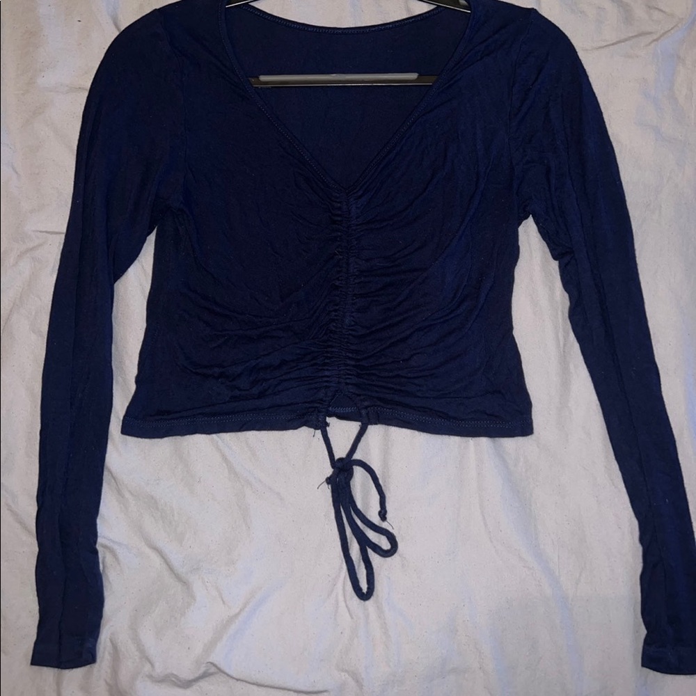 Long Sleeve Dark Blue Tied Crop Top